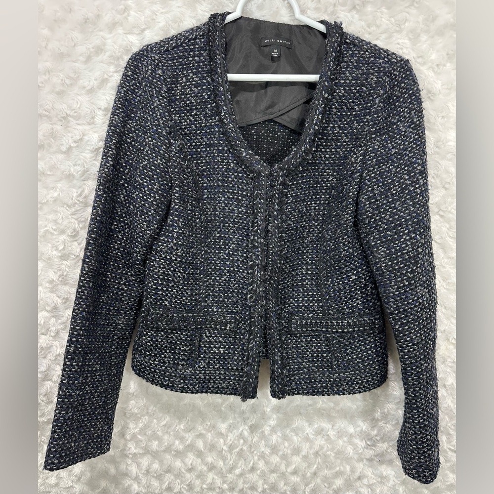 Willi Smith Women's Size M Black White & Blue Tweed Wool Jacket